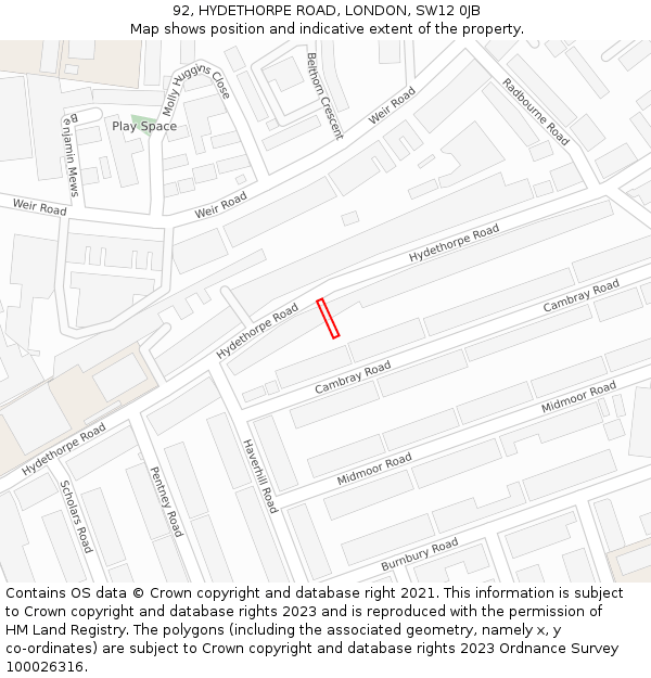 92, HYDETHORPE ROAD, LONDON, SW12 0JB: Location map and indicative extent of plot