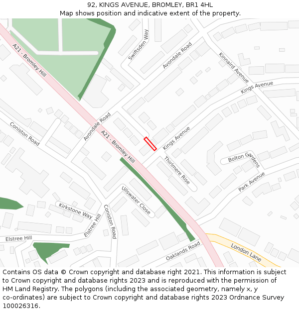 92, KINGS AVENUE, BROMLEY, BR1 4HL: Location map and indicative extent of plot