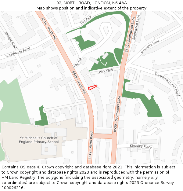 92, NORTH ROAD, LONDON, N6 4AA: Location map and indicative extent of plot