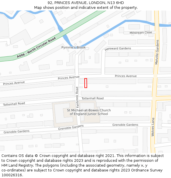 92, PRINCES AVENUE, LONDON, N13 6HD: Location map and indicative extent of plot