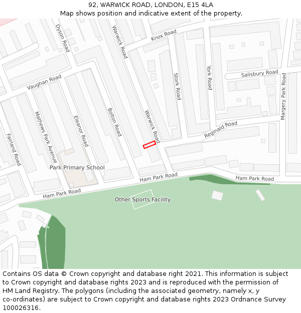92, WARWICK ROAD, LONDON, E15 4LA: Location map and indicative extent of plot