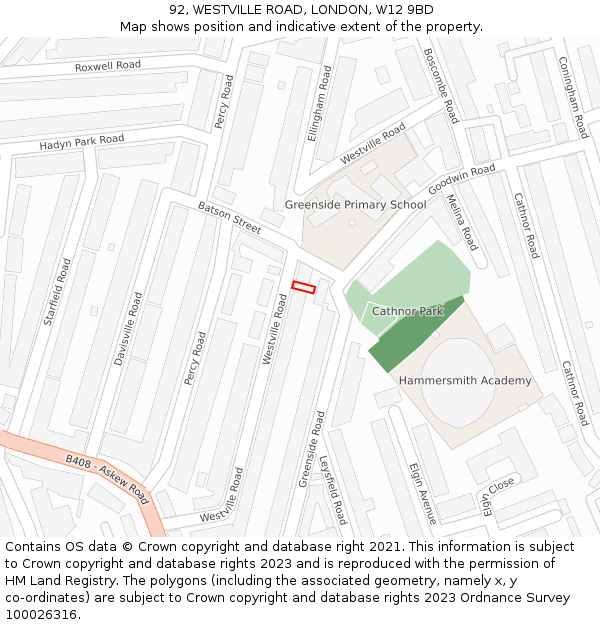 92, WESTVILLE ROAD, LONDON, W12 9BD: Location map and indicative extent of plot