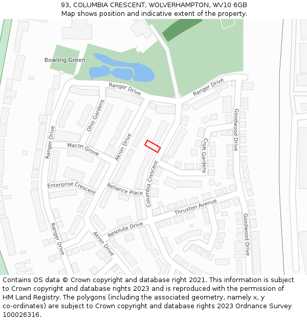 93, COLUMBIA CRESCENT, WOLVERHAMPTON, WV10 6GB: Location map and indicative extent of plot