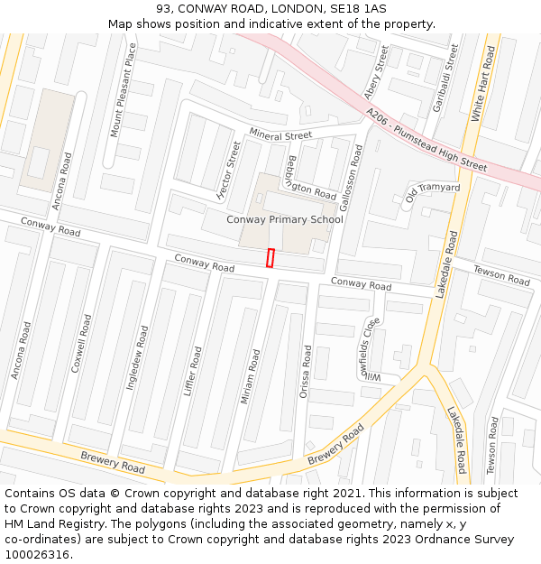 93, CONWAY ROAD, LONDON, SE18 1AS: Location map and indicative extent of plot