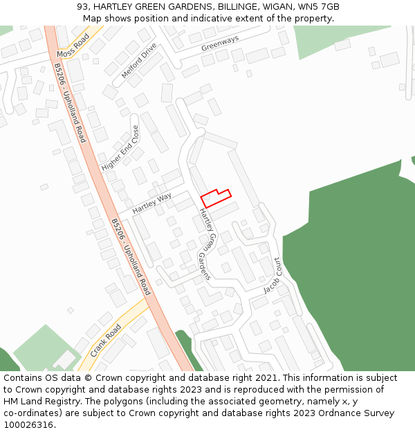 93, HARTLEY GREEN GARDENS, BILLINGE, WIGAN, WN5 7GB: Location map and indicative extent of plot