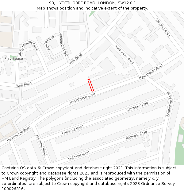 93, HYDETHORPE ROAD, LONDON, SW12 0JF: Location map and indicative extent of plot