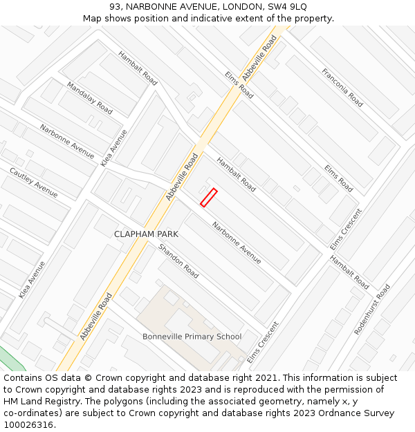 93, NARBONNE AVENUE, LONDON, SW4 9LQ: Location map and indicative extent of plot