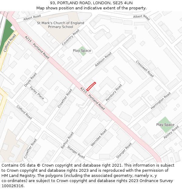 93, PORTLAND ROAD, LONDON, SE25 4UN: Location map and indicative extent of plot