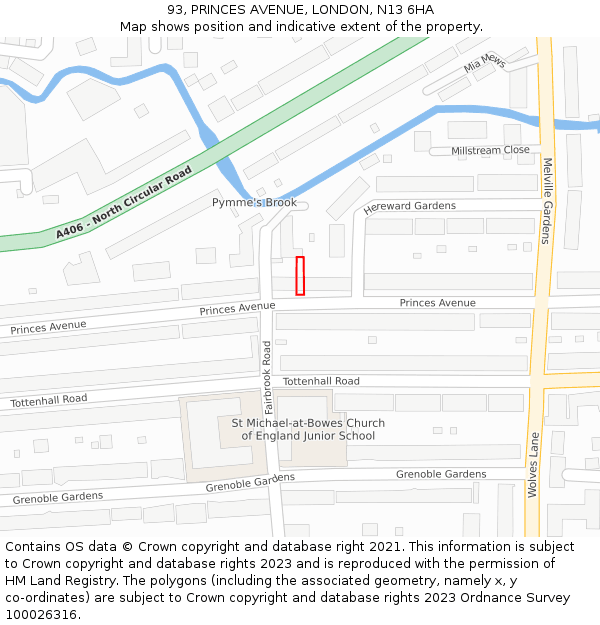 93, PRINCES AVENUE, LONDON, N13 6HA: Location map and indicative extent of plot