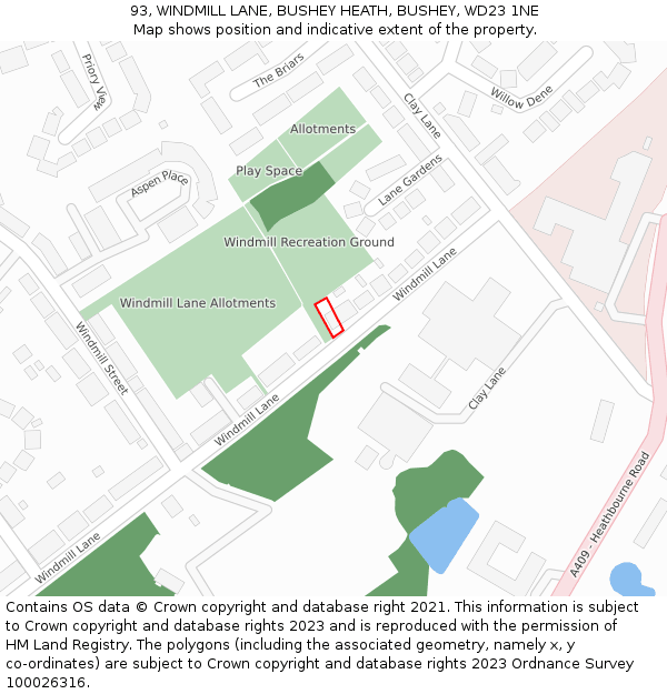 93, WINDMILL LANE, BUSHEY HEATH, BUSHEY, WD23 1NE: Location map and indicative extent of plot