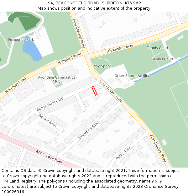 94, BEACONSFIELD ROAD, SURBITON, KT5 9AP: Location map and indicative extent of plot