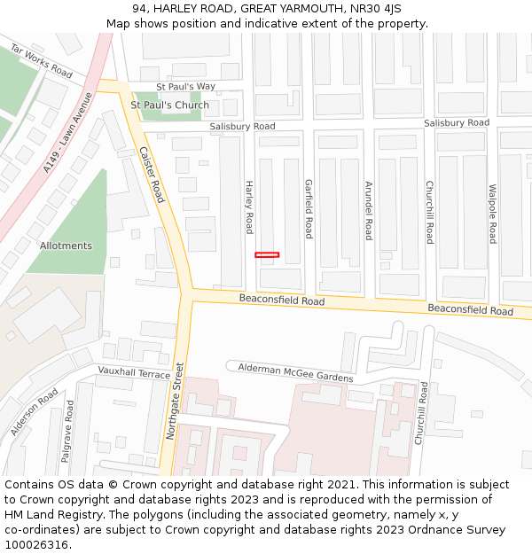 94, HARLEY ROAD, GREAT YARMOUTH, NR30 4JS: Location map and indicative extent of plot