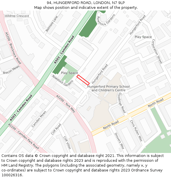 94, HUNGERFORD ROAD, LONDON, N7 9LP: Location map and indicative extent of plot