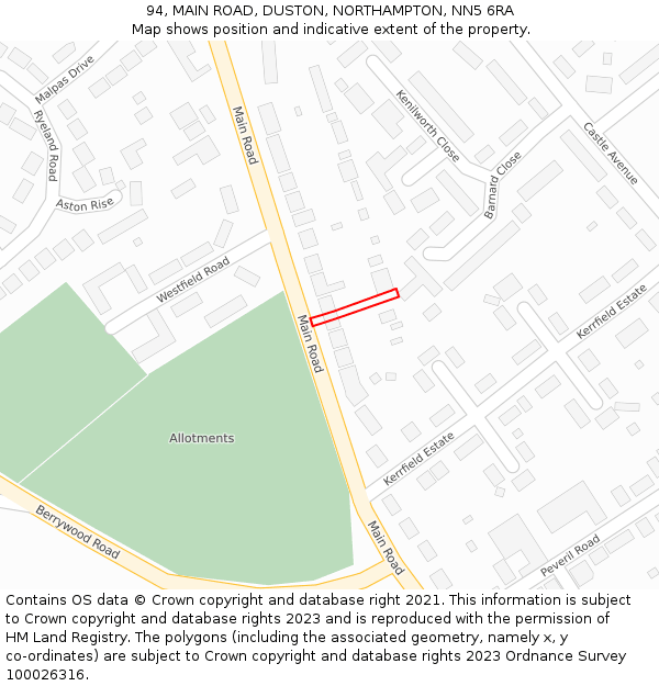 94, MAIN ROAD, DUSTON, NORTHAMPTON, NN5 6RA: Location map and indicative extent of plot