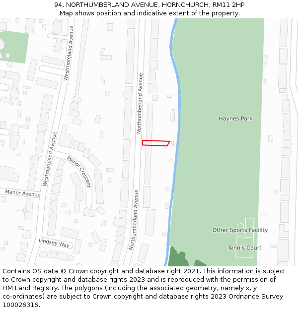 94, NORTHUMBERLAND AVENUE, HORNCHURCH, RM11 2HP: Location map and indicative extent of plot