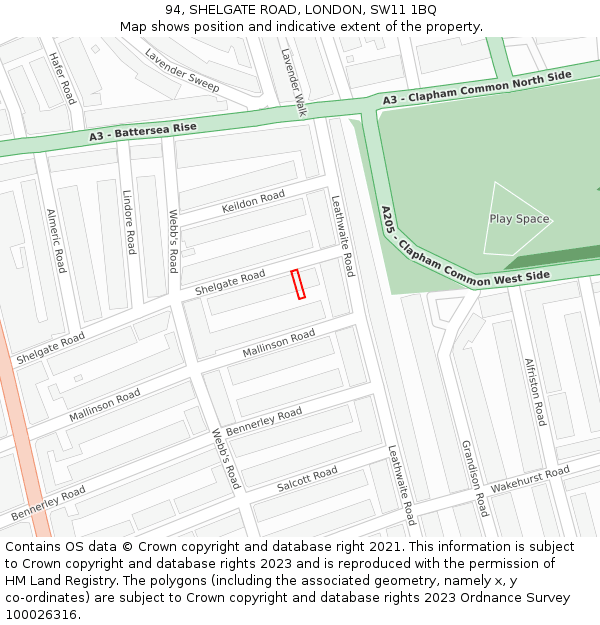 94, SHELGATE ROAD, LONDON, SW11 1BQ: Location map and indicative extent of plot
