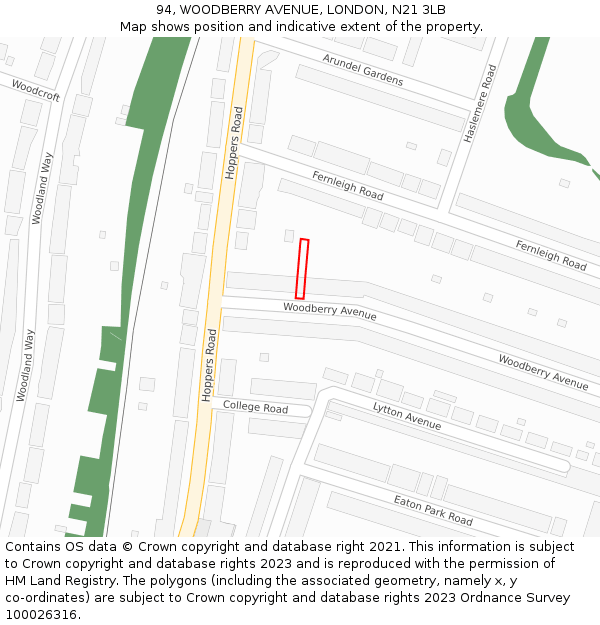 94, WOODBERRY AVENUE, LONDON, N21 3LB: Location map and indicative extent of plot