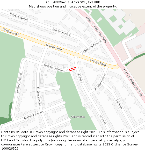 95, LAKEWAY, BLACKPOOL, FY3 8PE: Location map and indicative extent of plot