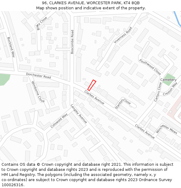 96, CLARKES AVENUE, WORCESTER PARK, KT4 8QB: Location map and indicative extent of plot