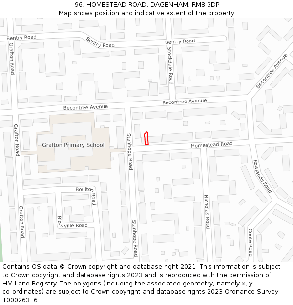 96, HOMESTEAD ROAD, DAGENHAM, RM8 3DP: Location map and indicative extent of plot