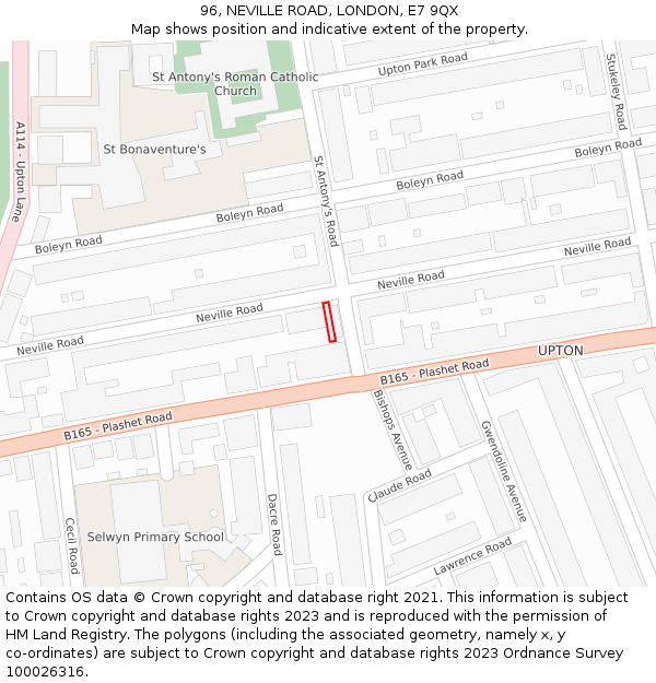 96, NEVILLE ROAD, LONDON, E7 9QX: Location map and indicative extent of plot