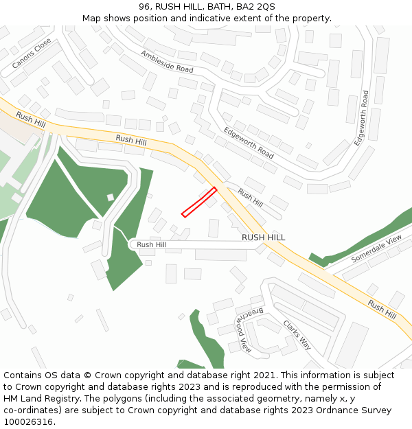 96, RUSH HILL, BATH, BA2 2QS: Location map and indicative extent of plot