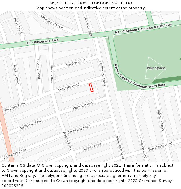 96, SHELGATE ROAD, LONDON, SW11 1BQ: Location map and indicative extent of plot