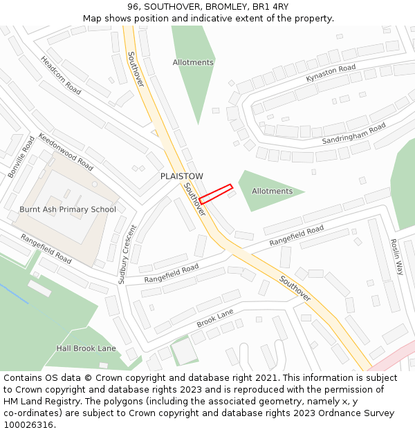 96, SOUTHOVER, BROMLEY, BR1 4RY: Location map and indicative extent of plot