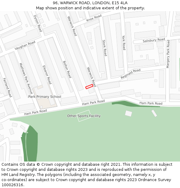 96, WARWICK ROAD, LONDON, E15 4LA: Location map and indicative extent of plot
