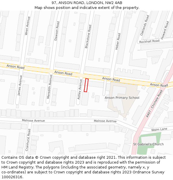 97, ANSON ROAD, LONDON, NW2 4AB: Location map and indicative extent of plot