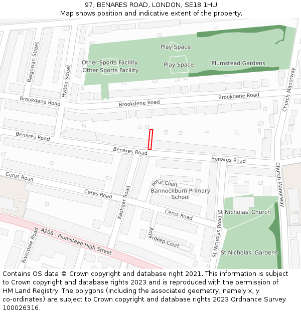 97, BENARES ROAD, LONDON, SE18 1HU: Location map and indicative extent of plot