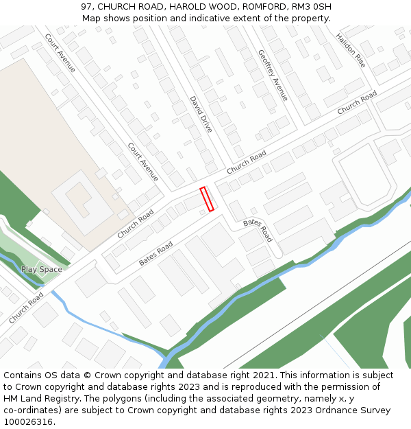 97, CHURCH ROAD, HAROLD WOOD, ROMFORD, RM3 0SH: Location map and indicative extent of plot