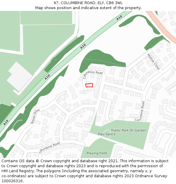 97, COLUMBINE ROAD, ELY, CB6 3WL: Location map and indicative extent of plot