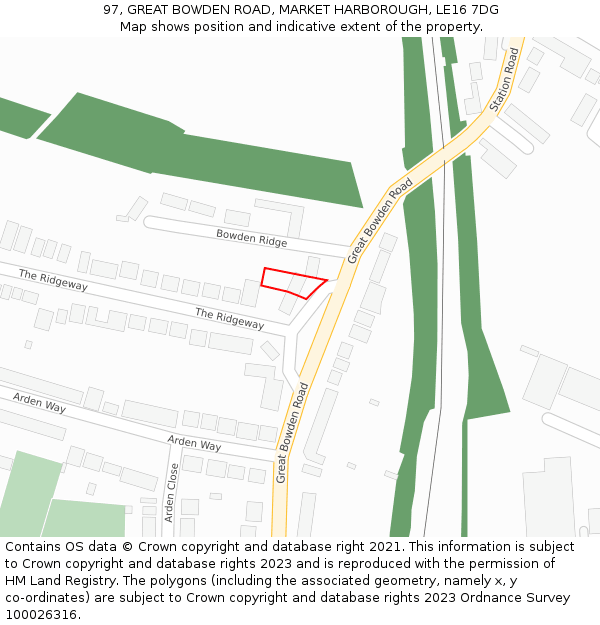 97, GREAT BOWDEN ROAD, MARKET HARBOROUGH, LE16 7DG: Location map and indicative extent of plot