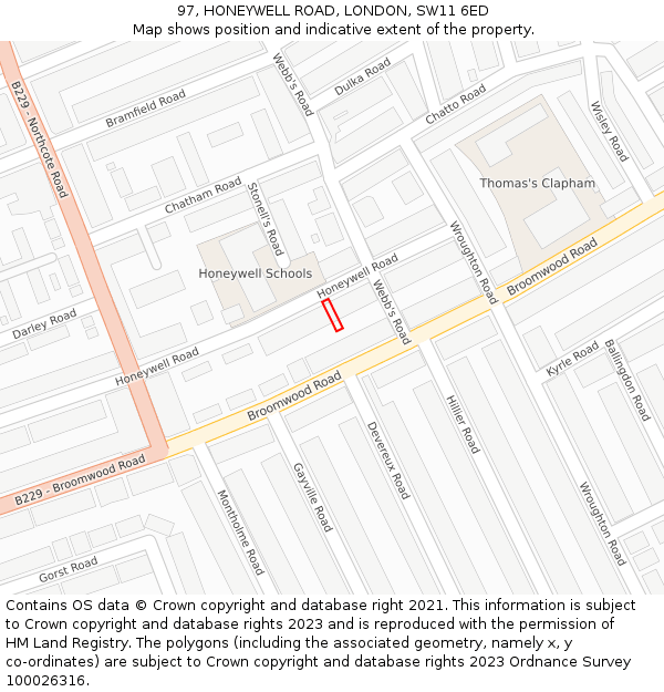 97, HONEYWELL ROAD, LONDON, SW11 6ED: Location map and indicative extent of plot