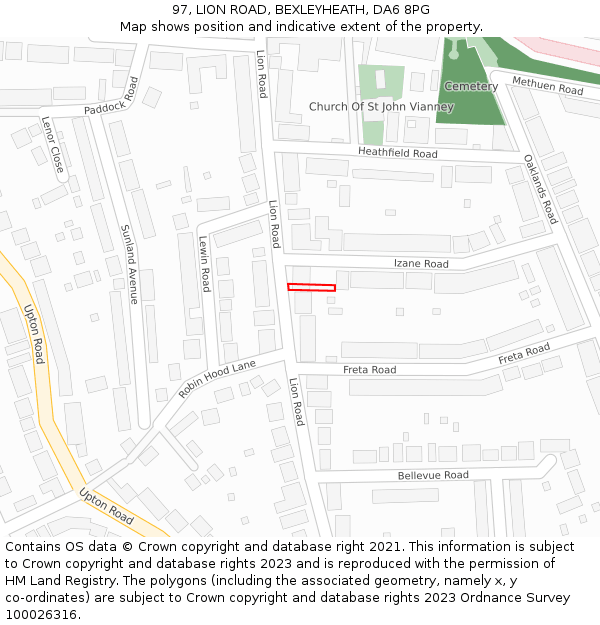 97, LION ROAD, BEXLEYHEATH, DA6 8PG: Location map and indicative extent of plot