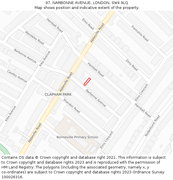 97, NARBONNE AVENUE, LONDON, SW4 9LQ: Location map and indicative extent of plot