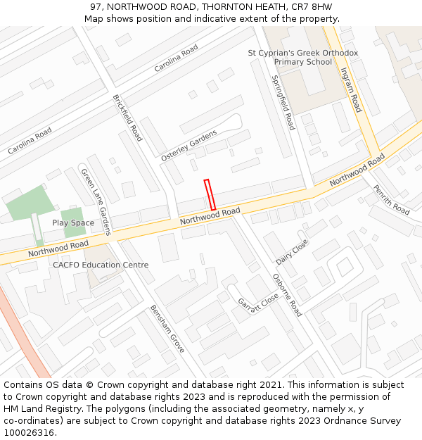 97, NORTHWOOD ROAD, THORNTON HEATH, CR7 8HW: Location map and indicative extent of plot