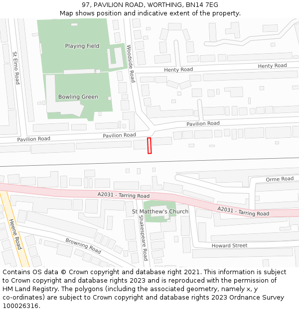 97, PAVILION ROAD, WORTHING, BN14 7EG: Location map and indicative extent of plot