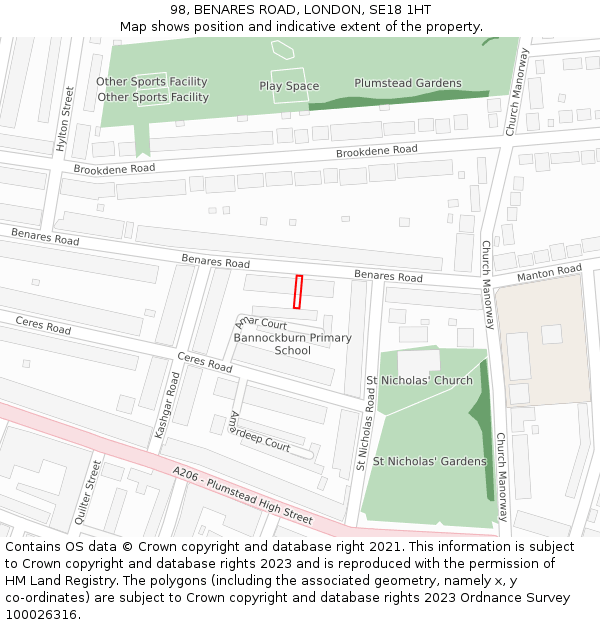 98, BENARES ROAD, LONDON, SE18 1HT: Location map and indicative extent of plot