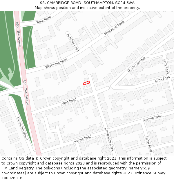98, CAMBRIDGE ROAD, SOUTHAMPTON, SO14 6WA: Location map and indicative extent of plot