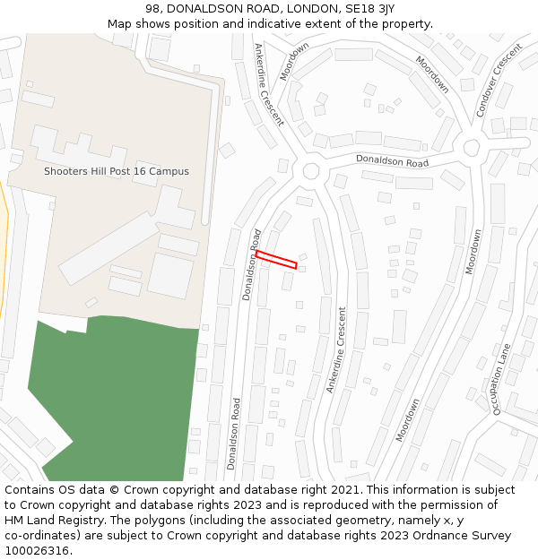 98, DONALDSON ROAD, LONDON, SE18 3JY: Location map and indicative extent of plot