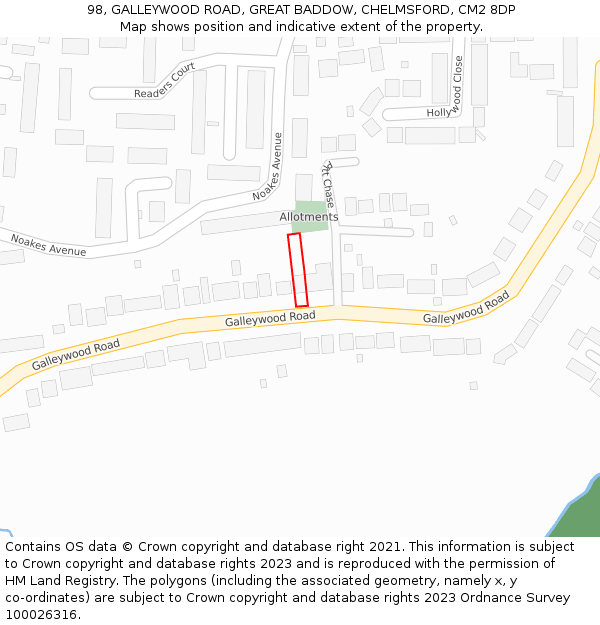 98, GALLEYWOOD ROAD, GREAT BADDOW, CHELMSFORD, CM2 8DP: Location map and indicative extent of plot