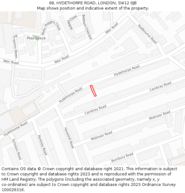 98, HYDETHORPE ROAD, LONDON, SW12 0JB: Location map and indicative extent of plot