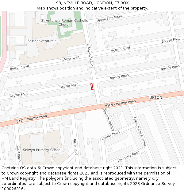 98, NEVILLE ROAD, LONDON, E7 9QX: Location map and indicative extent of plot