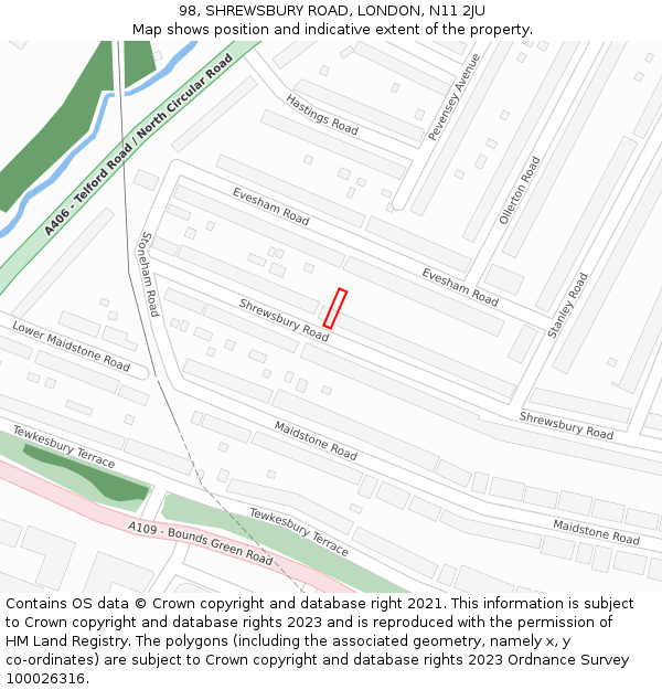 98, SHREWSBURY ROAD, LONDON, N11 2JU: Location map and indicative extent of plot