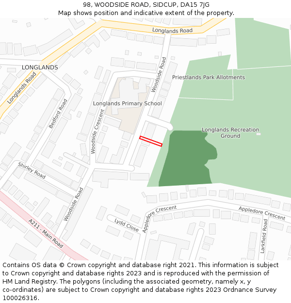 98, WOODSIDE ROAD, SIDCUP, DA15 7JG: Location map and indicative extent of plot