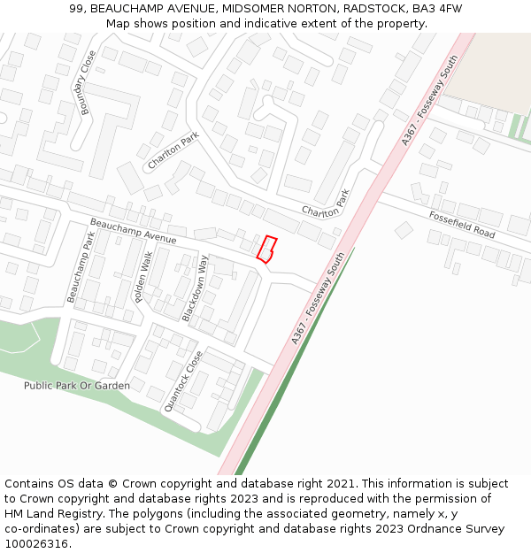 99, BEAUCHAMP AVENUE, MIDSOMER NORTON, RADSTOCK, BA3 4FW: Location map and indicative extent of plot