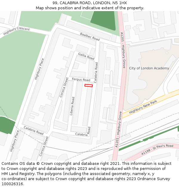 99, CALABRIA ROAD, LONDON, N5 1HX: Location map and indicative extent of plot