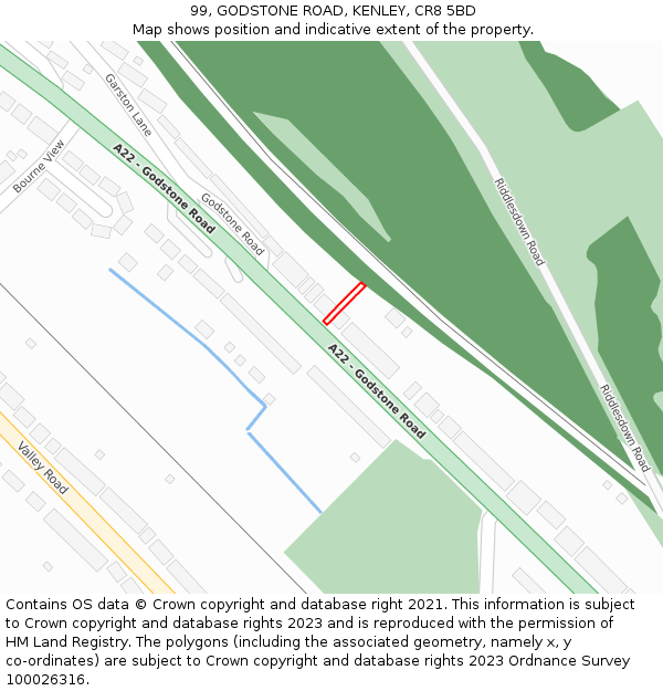 99, GODSTONE ROAD, KENLEY, CR8 5BD: Location map and indicative extent of plot